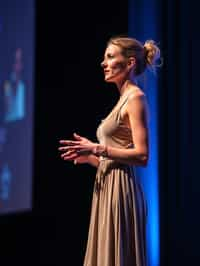 woman as a conference keynote speaker standing on stage at a conference