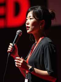 TedX speaker woman holding microphone with lanyard around his neck