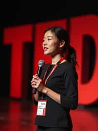 TedX speaker woman holding microphone with lanyard around his neck