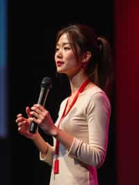 TedX speaker woman holding microphone with lanyard around his neck