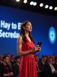 woman as a conference keynote speaker standing on stage at a conference