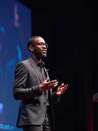 man as a conference keynote speaker standing on stage at a conference