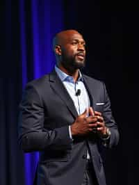 man as a conference keynote speaker standing on stage at a conference