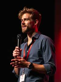 TedX speaker man holding microphone with lanyard around his neck