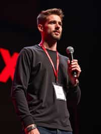 TedX speaker man holding microphone with lanyard around his neck