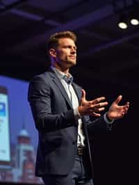 man as a conference keynote speaker standing on stage at a conference