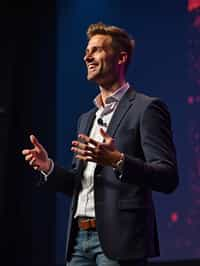 man as a conference keynote speaker standing on stage at a conference