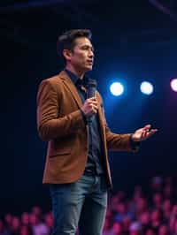 man as a conference keynote speaker standing on stage at a conference