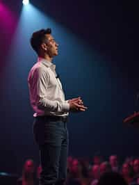 man as a conference keynote speaker standing on stage at a conference