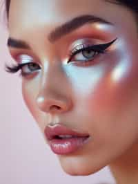 close-up of Futuristic makeup with metallic eyeshadow and sharp contouring. set against a soft, pastel background