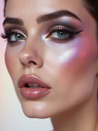 close-up of Futuristic makeup with metallic eyeshadow and sharp contouring. set against a soft, pastel background