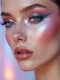 close-up of Futuristic makeup with metallic eyeshadow and sharp contouring. set against a soft, pastel background