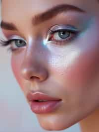 close-up of Futuristic makeup with metallic eyeshadow and sharp contouring. set against a soft, pastel background