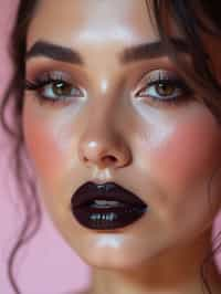 close-up of Edgy makeup look with dark, glossy lips and contoured cheeks. set against a soft, pastel background