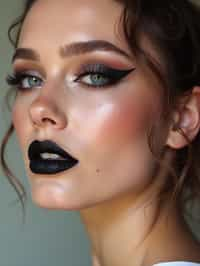 close-up of Edgy makeup look with dark, glossy lips and contoured cheeks. set against a soft, pastel background