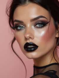 close-up of Edgy makeup look with dark, glossy lips and contoured cheeks. set against a soft, pastel background