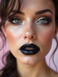 close-up of Edgy makeup look with dark, glossy lips and contoured cheeks. set against a soft, pastel background