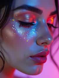 close-up of Artistic makeup with face jewels and iridescent highlighter, captured under a UV light for a glowing effect. set against a soft, pastel background