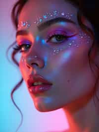 close-up of Artistic makeup with face jewels and iridescent highlighter, captured under a UV light for a glowing effect. set against a soft, pastel background