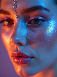 close-up of Artistic makeup with face jewels and iridescent highlighter, captured under a UV light for a glowing effect. set against a soft, pastel background