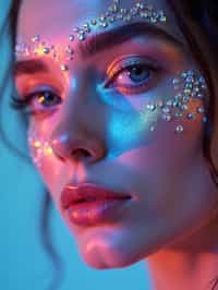 close-up of Artistic makeup with face jewels and iridescent highlighter, captured under a UV light for a glowing effect. set against a soft, pastel background