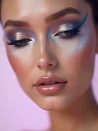 close-up of Futuristic makeup with metallic eyeshadow and sharp contouring. set against a soft, pastel background