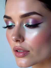 close-up of Futuristic makeup with metallic eyeshadow and sharp contouring. set against a soft, pastel background