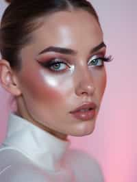 close-up of Futuristic makeup with metallic eyeshadow and sharp contouring. set against a soft, pastel background