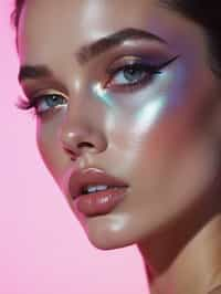 close-up of Futuristic makeup with metallic eyeshadow and sharp contouring. set against a soft, pastel background