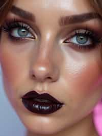 close-up of Edgy makeup look with dark, glossy lips and contoured cheeks. set against a soft, pastel background