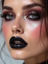 close-up of Edgy makeup look with dark, glossy lips and contoured cheeks. set against a soft, pastel background