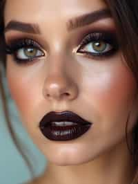 close-up of Edgy makeup look with dark, glossy lips and contoured cheeks. set against a soft, pastel background