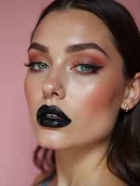 close-up of Edgy makeup look with dark, glossy lips and contoured cheeks. set against a soft, pastel background