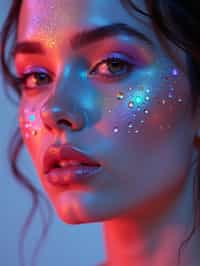 close-up of Artistic makeup with face jewels and iridescent highlighter, captured under a UV light for a glowing effect. set against a soft, pastel background