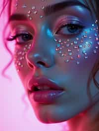 close-up of Artistic makeup with face jewels and iridescent highlighter, captured under a UV light for a glowing effect. set against a soft, pastel background