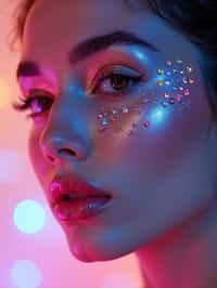 close-up of Artistic makeup with face jewels and iridescent highlighter, captured under a UV light for a glowing effect. set against a soft, pastel background