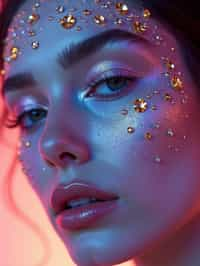 close-up of Artistic makeup with face jewels and iridescent highlighter, captured under a UV light for a glowing effect. set against a soft, pastel background