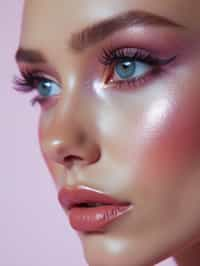 close-up of Futuristic makeup with metallic eyeshadow and sharp contouring. set against a soft, pastel background