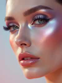 close-up of Futuristic makeup with metallic eyeshadow and sharp contouring. set against a soft, pastel background