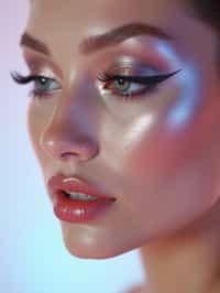 close-up of Futuristic makeup with metallic eyeshadow and sharp contouring. set against a soft, pastel background