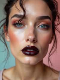 close-up of Edgy makeup look with dark, glossy lips and contoured cheeks. set against a soft, pastel background