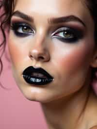 close-up of Edgy makeup look with dark, glossy lips and contoured cheeks. set against a soft, pastel background