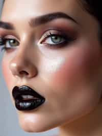 close-up of Edgy makeup look with dark, glossy lips and contoured cheeks. set against a soft, pastel background