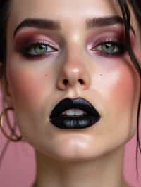 close-up of Edgy makeup look with dark, glossy lips and contoured cheeks. set against a soft, pastel background