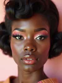 close-up of Model with a retro 60s makeup vibe, featuring thick eyeliner and pastel eyeshadow, paired with a vintage hairstyle. set against a soft, pastel background