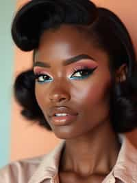 close-up of Model with a retro 60s makeup vibe, featuring thick eyeliner and pastel eyeshadow, paired with a vintage hairstyle. set against a soft, pastel background