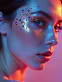 close-up of Artistic makeup with face jewels and iridescent highlighter, captured under a UV light for a glowing effect. set against a soft, pastel background