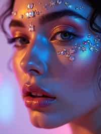 close-up of Artistic makeup with face jewels and iridescent highlighter, captured under a UV light for a glowing effect. set against a soft, pastel background