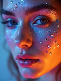 close-up of Artistic makeup with face jewels and iridescent highlighter, captured under a UV light for a glowing effect. set against a soft, pastel background