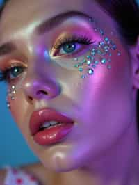 close-up of Artistic makeup with face jewels and iridescent highlighter, captured under a UV light for a glowing effect. set against a soft, pastel background